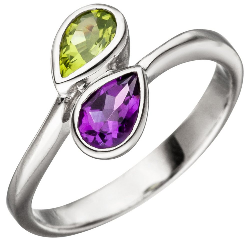 Schmuck Krone Silberring Ring Damenring mit Amethyst lila violett & Peridot grün 925 Silber Edelsteinring, Silber 925 von Schmuck Krone