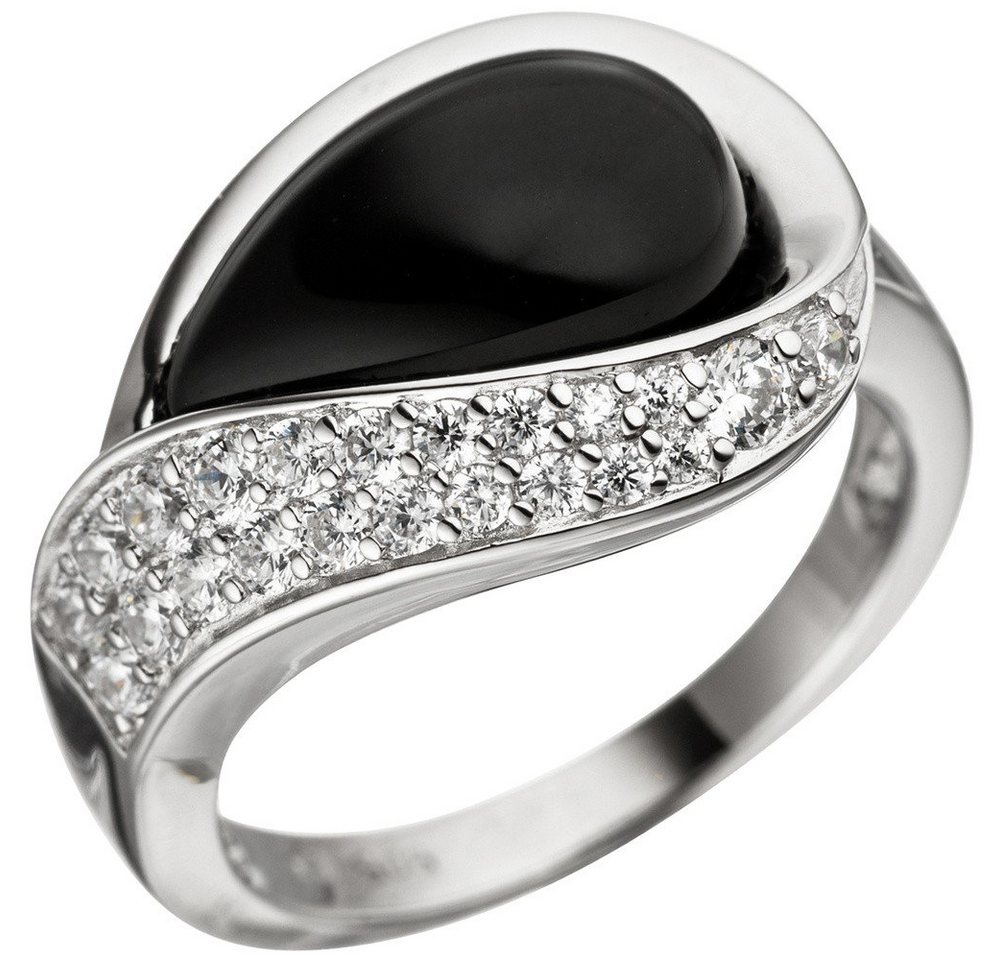 Schmuck Krone Silberring Ring Damenring mit Zirkonia weiß & Onyx schwarz 925 Silber Silberring Onyxring, Silber 925 von Schmuck Krone