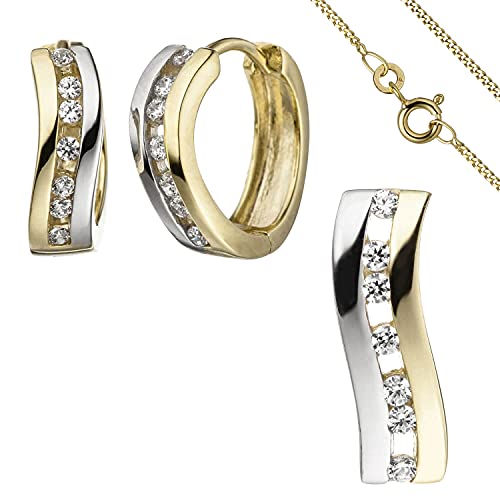 Schmuck-Set aus 333 Gold Gelbgold bicolor Zirkonia Creolen Anhänger Kette 42cm von Schmuck Krone