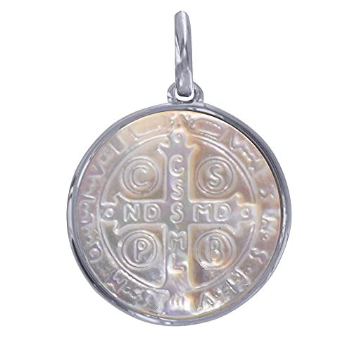 LES POULETTES BIJOUX - Rhodium 925 Silber und Perlmutt Anhänger Rundes Medaillen Kreuz des Heiligen Benedikt von LES POULETTES BIJOUX