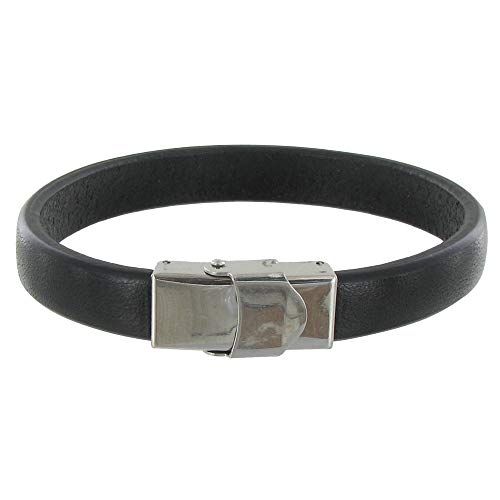 Les POULETTES BIJOUX - Herren Armband Leder Schwarz Breite Stahl Schließe - grobe 18 cm von LES POULETTES BIJOUX