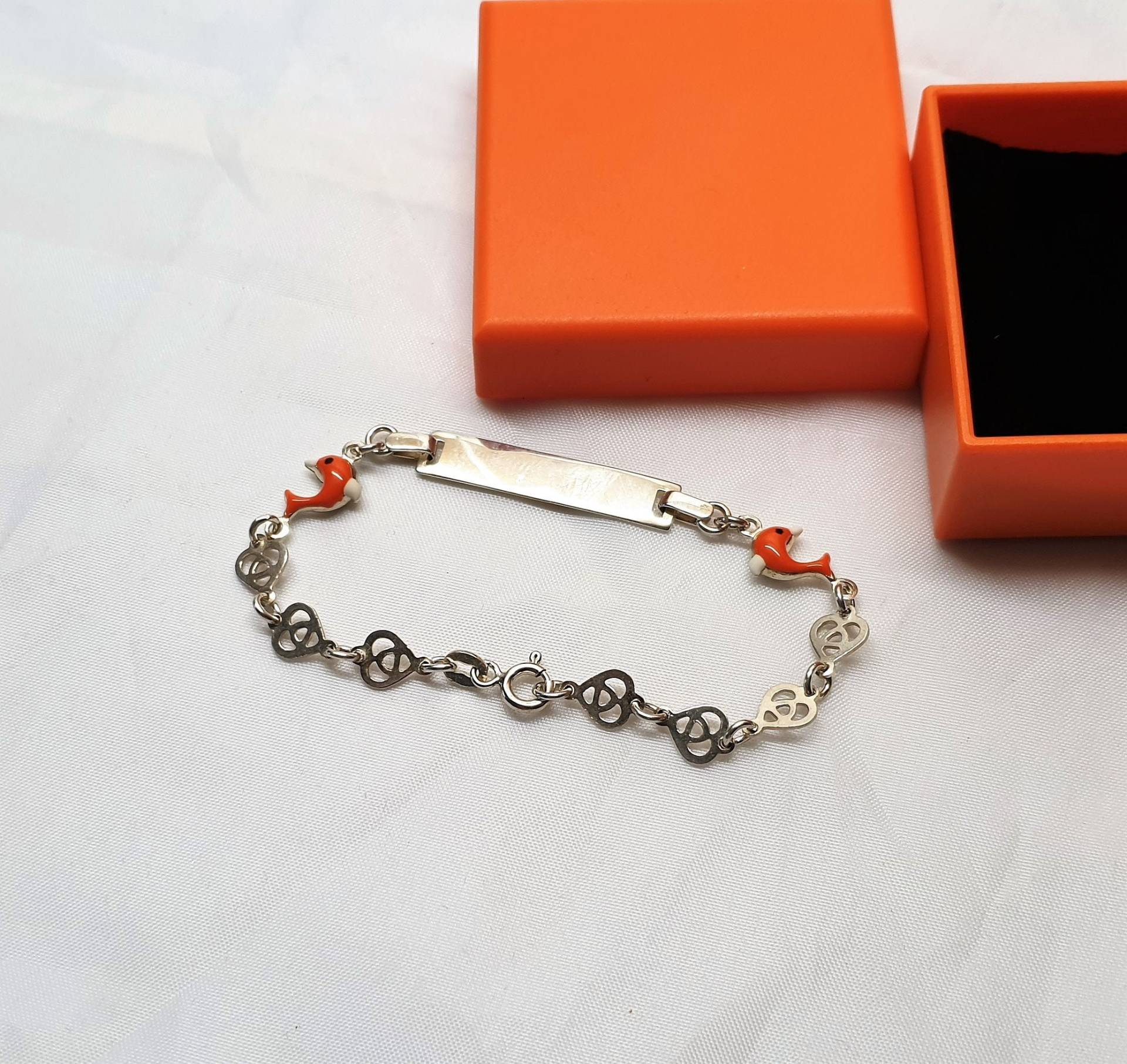 15 cm Kinder Armband Gliederarmband Silber 925 Delphin Herzen Mit Gravurplatte Sa485 von SchmuckAtelierRegina