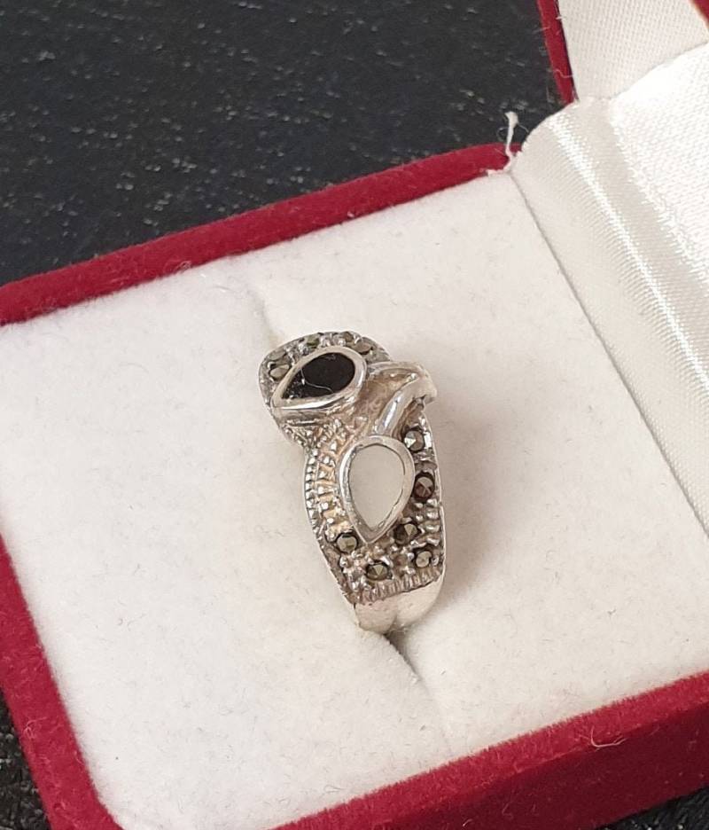 17, 2 Mm Ring Silber 925 Mit Onyx & Perlmutt Einlage Markasiten Edel Vintage Sr469 von SchmuckAtelierRegina