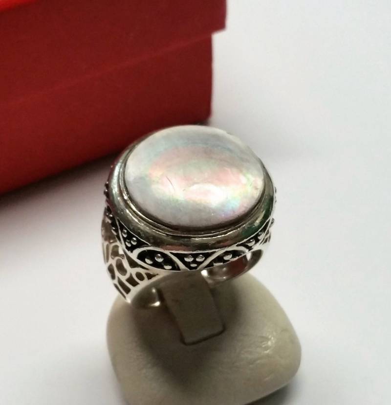 17, 2 Mm Ring Silber 925 Perlmuttplatte Grau Vintage Silberschmiede Sr889 von SchmuckAtelierRegina