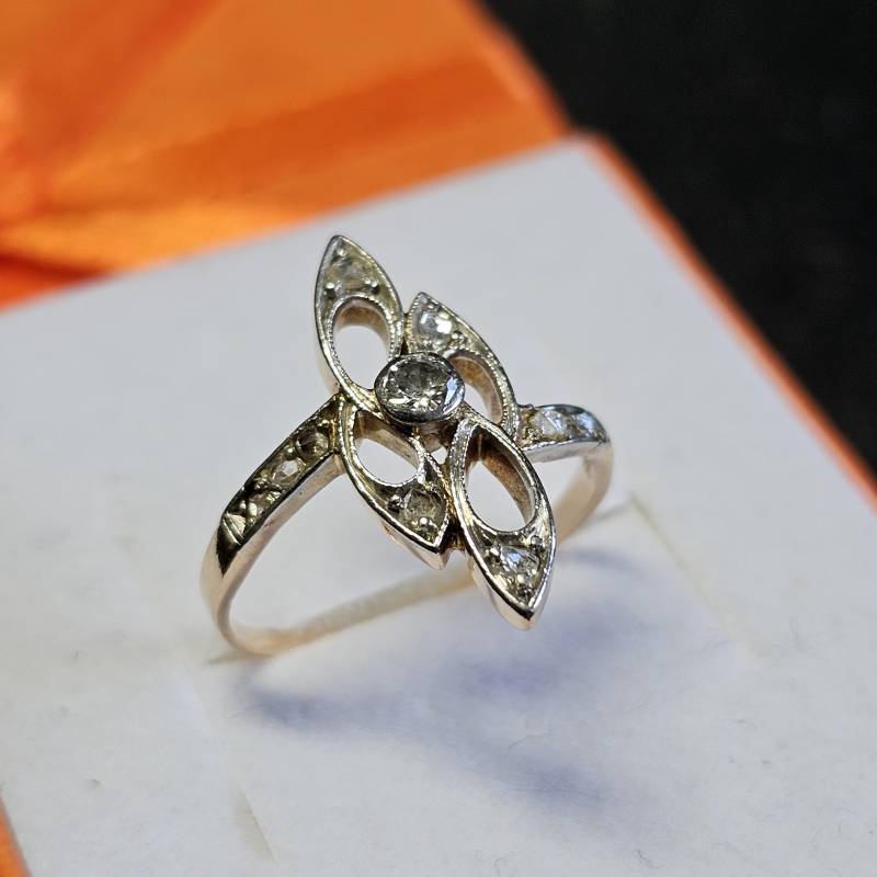 17, 4 Mm Art Deco Ring Goldring Antik Schiffchen Gold 585 Teilplatiniert Diamantsteinchen Shabby Vintage Elegant Gr429 von SchmuckAtelierRegina