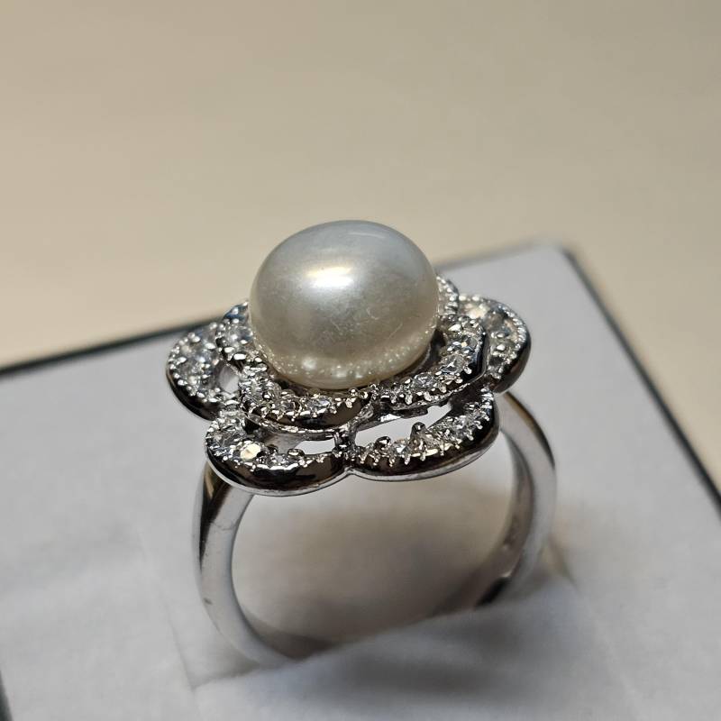 17, 4 Mm Silberring Ring Silber 925 Perle & Kristallsteinchen Klar Edles Blumendesign Vintage Selten Rar Sr1499 von SchmuckAtelierRegina