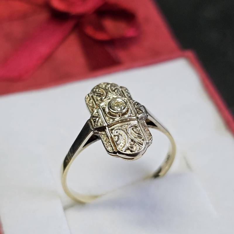 17, 6 Mm Art Deco Antiker Ring Gold 585 Teilplatiniert Diamant Shabby Vintage Eleganz Gr435 von SchmuckAtelierRegina