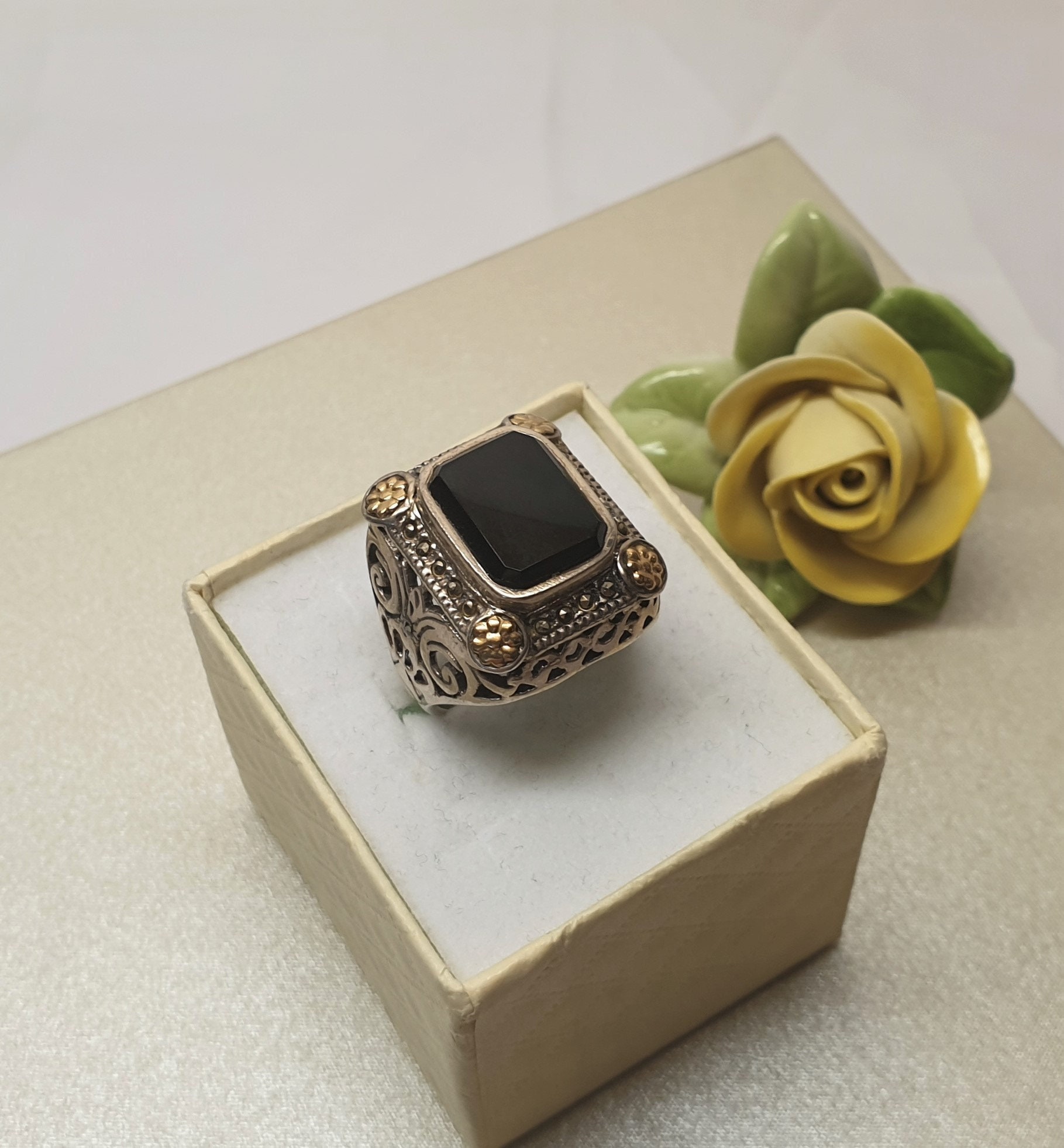 17, 9 Mm Edler Ring Siegelring Silber 925 Teilvergoldet Onyx Schwarz & Markasiten Vintage Eleganz Sr1386 von SchmuckAtelierRegina