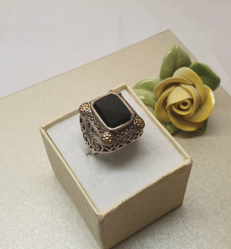 17, 9 Mm Edler Ring Siegelring Silber 925 Teilvergoldet Onyx Schwarz & Markasiten Vintage Eleganz Sr1386 von SchmuckAtelierRegina