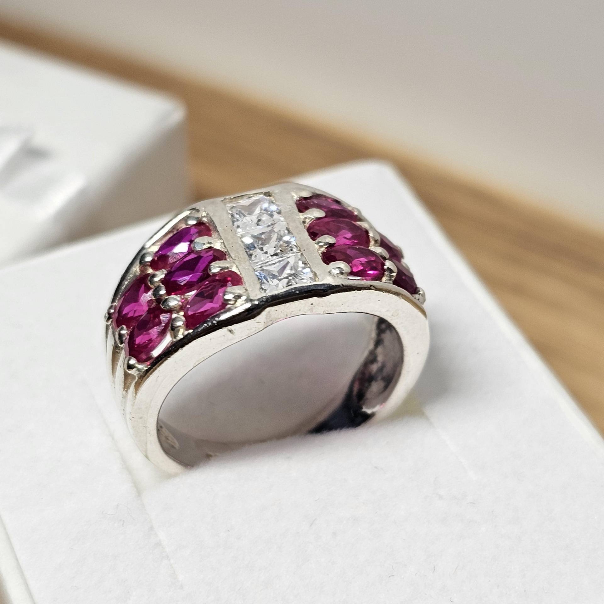 18, 8 Mm Ring Silber 925 Silberring Rubellit & Kristalle Klar Design Vintage Elegant Sr1339 von SchmuckAtelierRegina