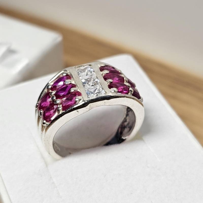 18, 8 Mm Ring Silber 925 Silberring Rubellit & Kristalle Klar Design Vintage Elegant Sr1339 von SchmuckAtelierRegina