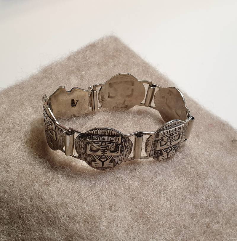 18 cm Armband Gliederarmband Inka Azteken Maya Männchen Symbole Silber 900 Vintage Silberschmiede Kunst Sa673 von SchmuckAtelierRegina