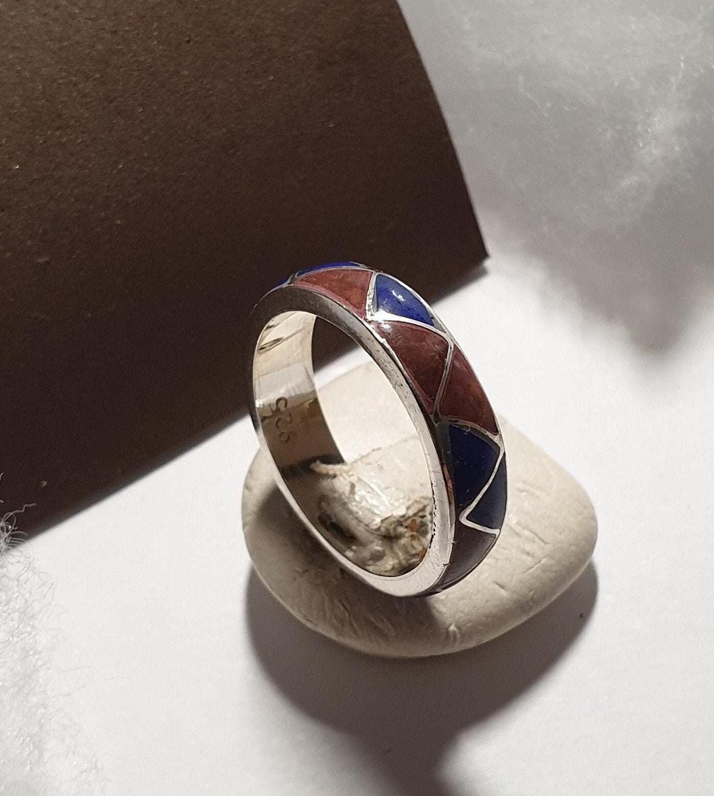 19, 2 Mm Ring Bandring Silber 925 Lapislazuli & Rote Farbstein Einlage Silberschmiede Kunst Vintage Sr865 von SchmuckAtelierRegina