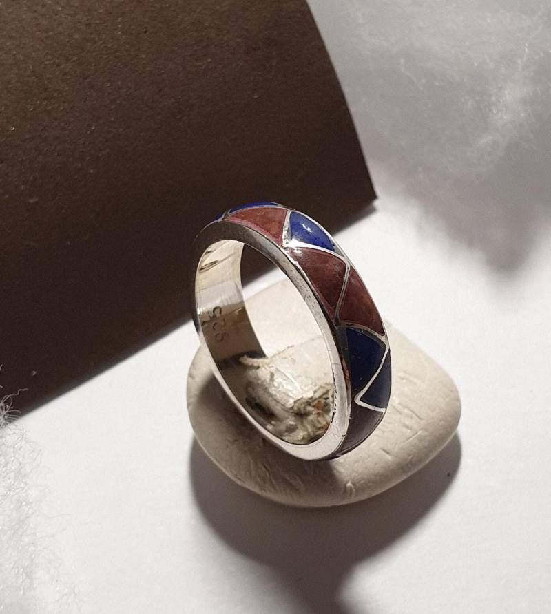 19, 2 Mm Ring Bandring Silber 925 Lapislazuli & Rote Farbstein Einlage Silberschmiede Kunst Vintage Sr865 von SchmuckAtelierRegina