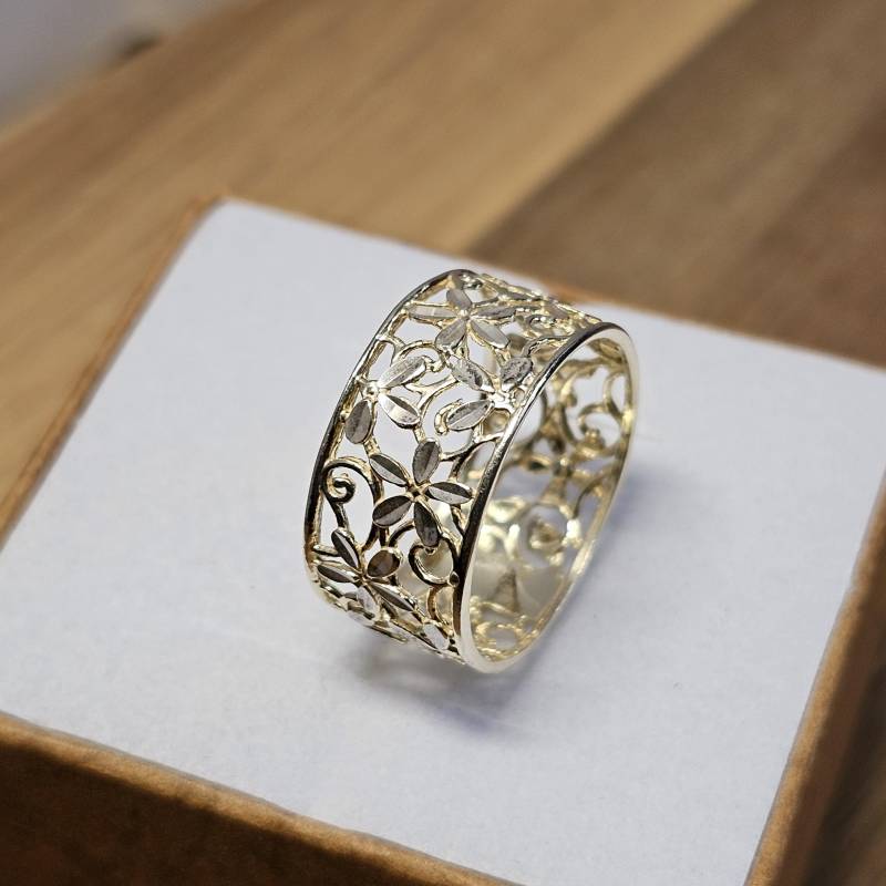 19, 5 Mm Eleganter Ring Bandring Silber 925 Teilvergoldet Diamantierter Schliff Design Blumen Blüten Vintage Elegant Sr1359 von SchmuckAtelierRegina