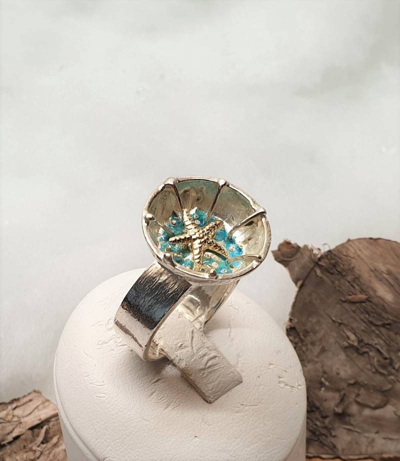 21, 6 Mm Designer Ring Silber 950 & Seestern Gold 585 Mit Emaille Blau Einzelstück Unikat Silberschmiede Kunst Sr1112 von SchmuckAtelierRegina