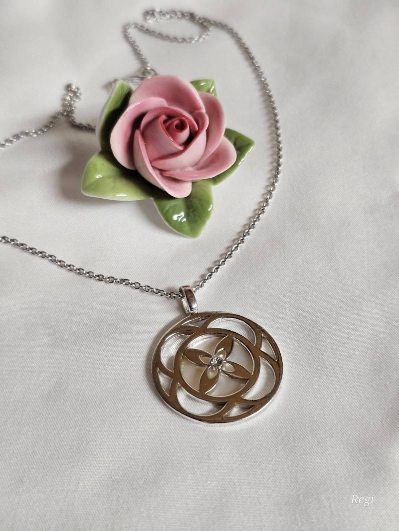 45 - 47, 5 cm Kette Halskette Gliederkette Kette Mit Anhänger Rund Silber 925 Perlmutt Einlage Kristalle Stein Klar Sk1349 von SchmuckAtelierRegina