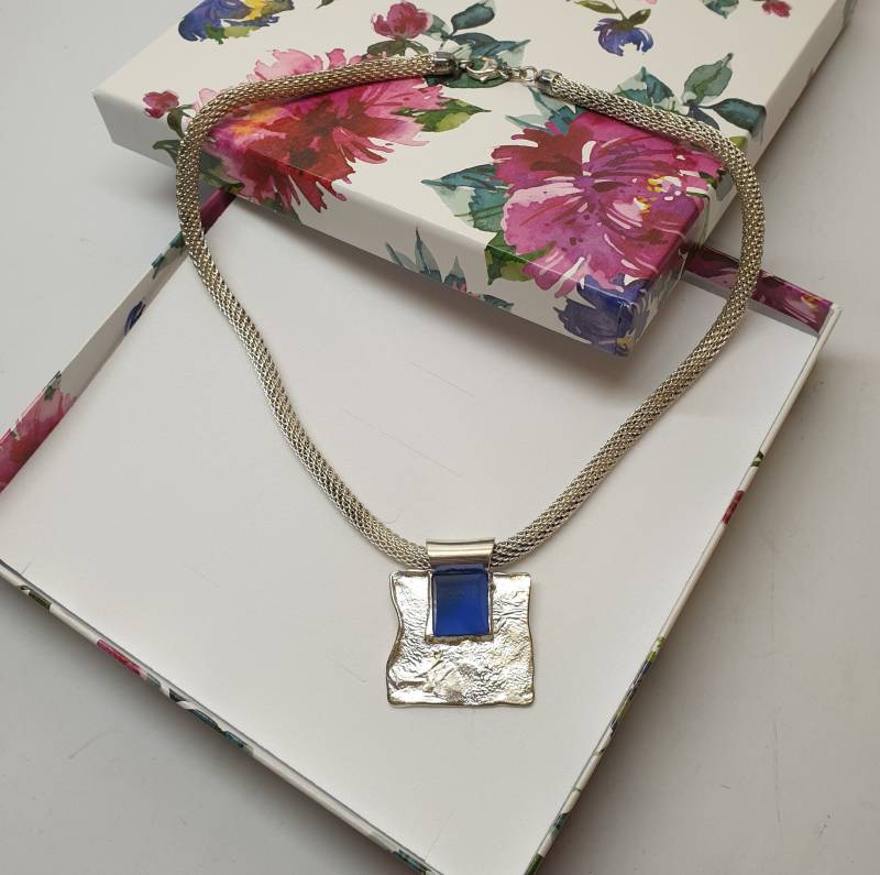 45 cm Designer Collier Kette Halskette Silberkette Silber 925 Gewebt Mit Anhänger Stein Blau Elegant Sk1309 von SchmuckAtelierRegina