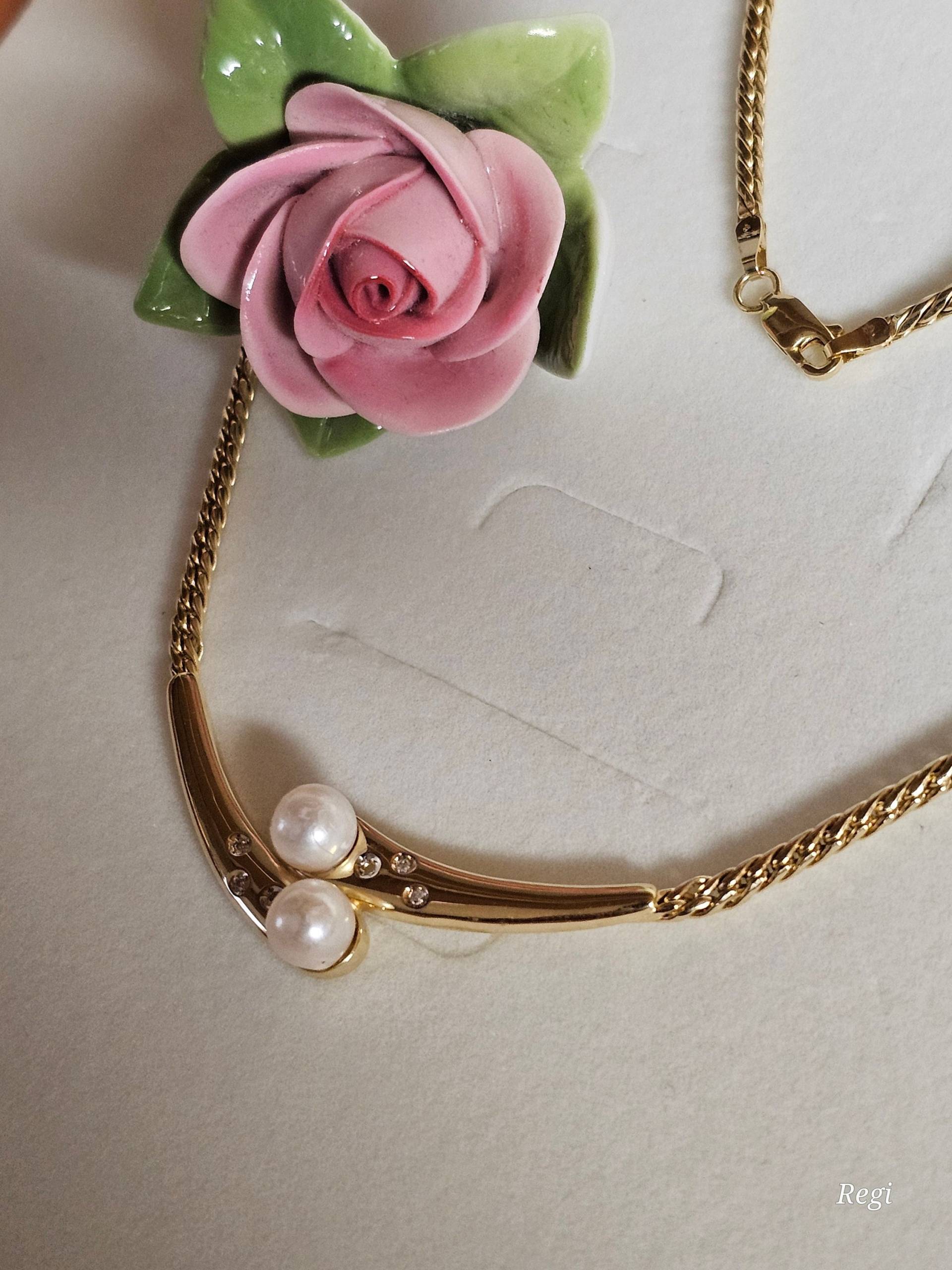 46 cm Elegante Gliederkette Kette Mit Anhängerteil Halskette Collier Gold 585 Diamantsteinchen & Perlen Weiß Vintage Design Selten Gk160 von SchmuckAtelierRegina