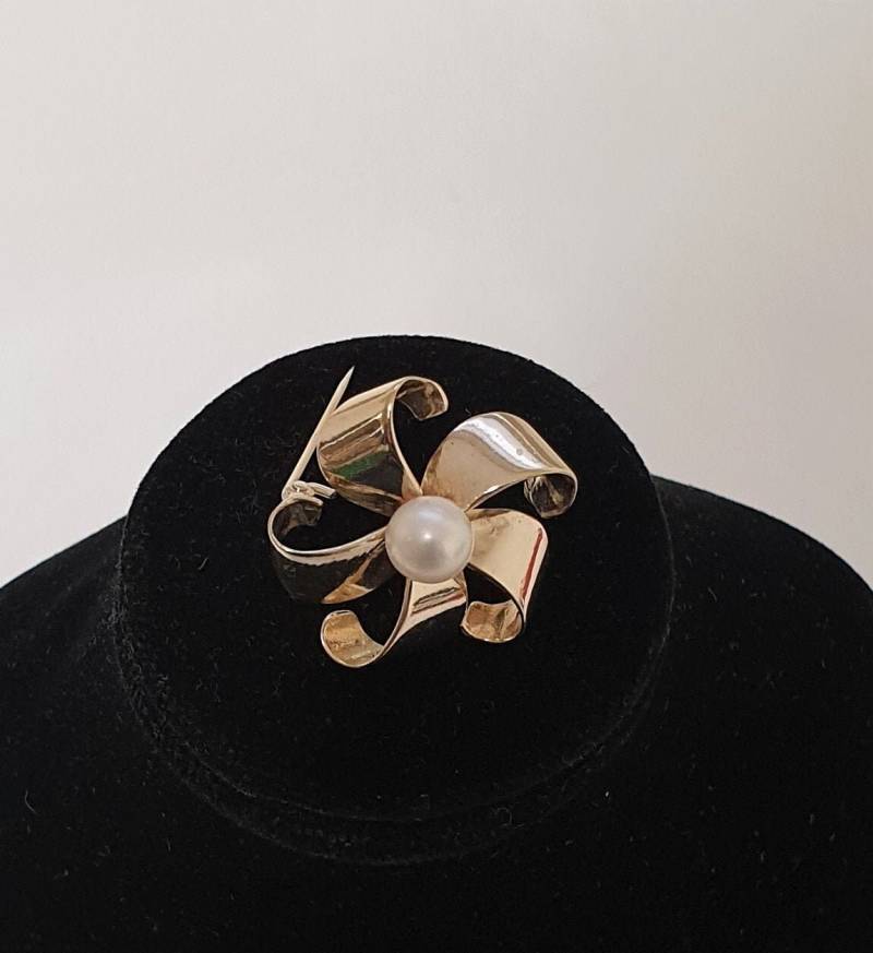 Anstecknadel Brosche Silber 925 Vergoldet Perle Windrad Blume Vintage Elegant Selten Rar Sb404 von SchmuckAtelierRegina