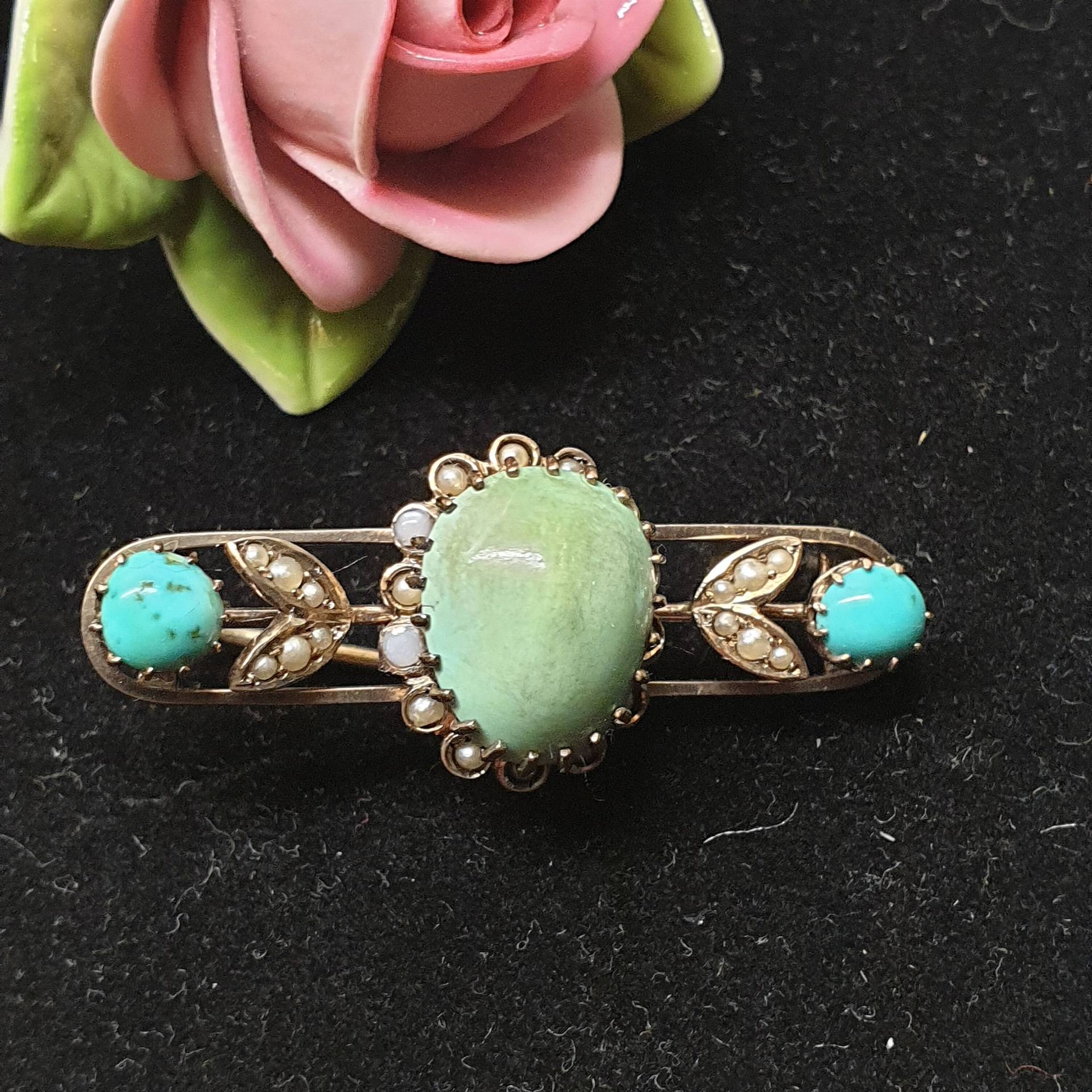 Antike Brosche Anstecknadel Silber Aventurin Türkis Saatperlen Shabby Vintage Nostalgisch Selten Rar Sb201 von SchmuckAtelierRegina