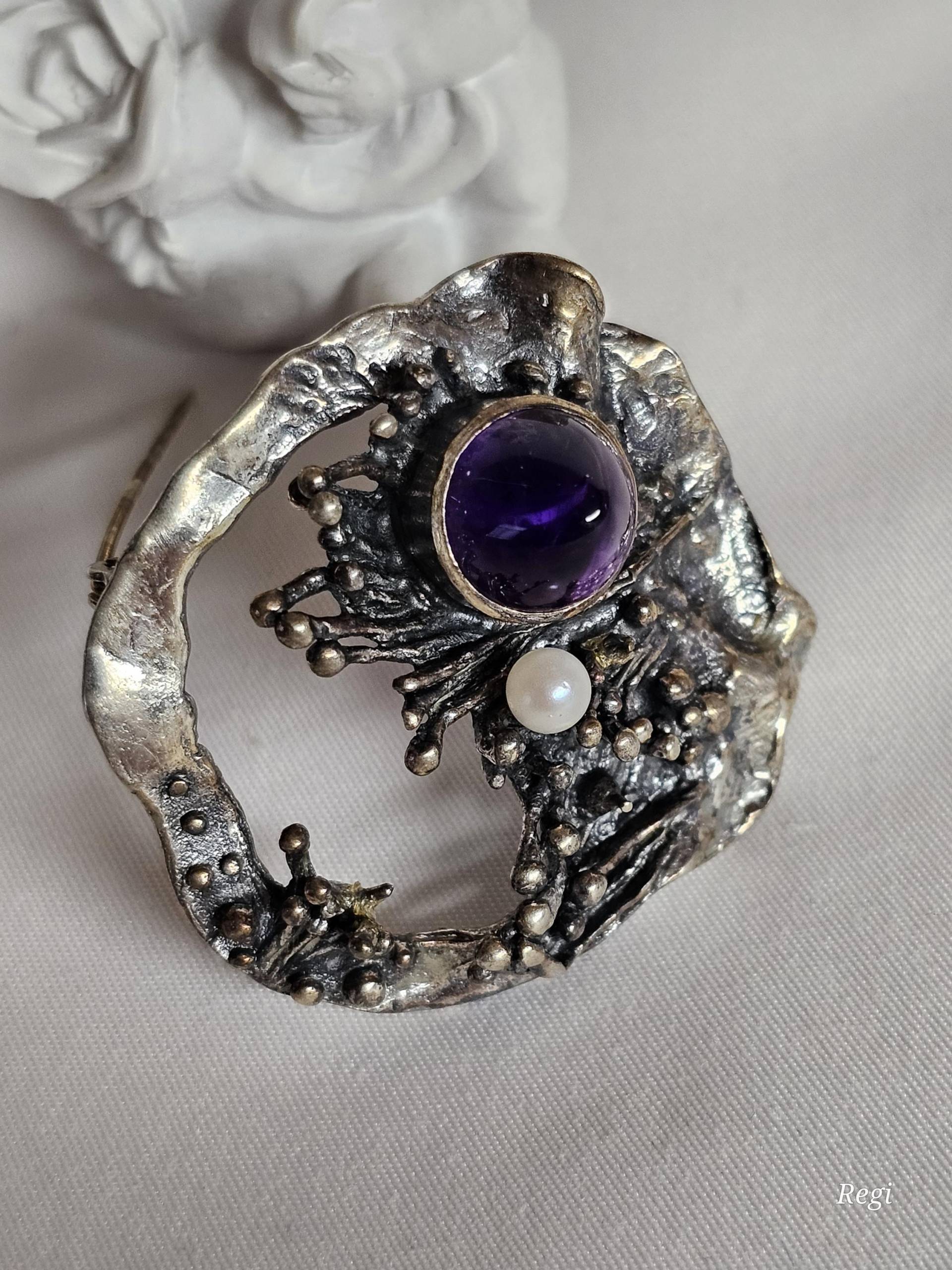 Brosche Anstecknadel Design Extravagant Außergewöhnlich Modernist Silber 835 Amethyst & Perle Silberschmiede Kunst Vintage Elegant Sb448 von SchmuckAtelierRegina