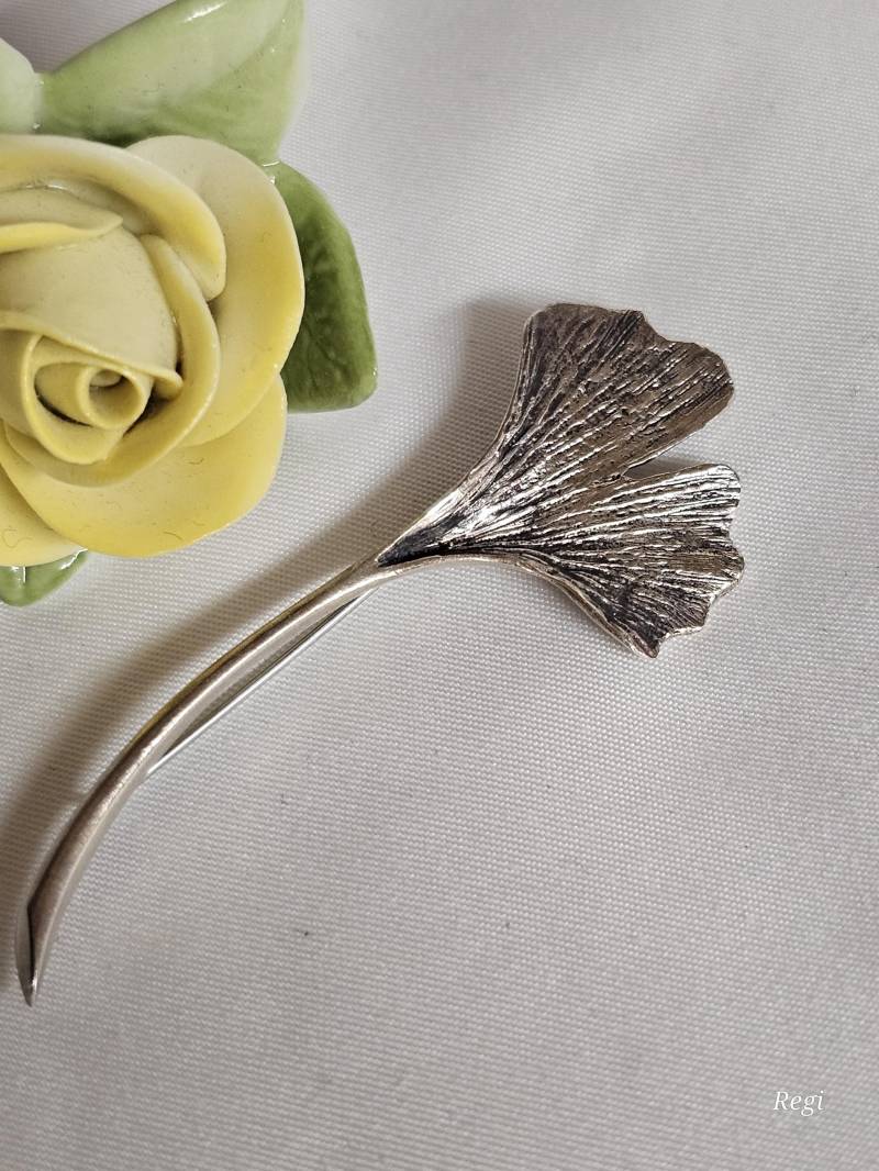 Brosche Anstecknadel Ginkgo Blatt Blätter Silber 925 Vintage Elegant Sb475 von SchmuckAtelierRegina