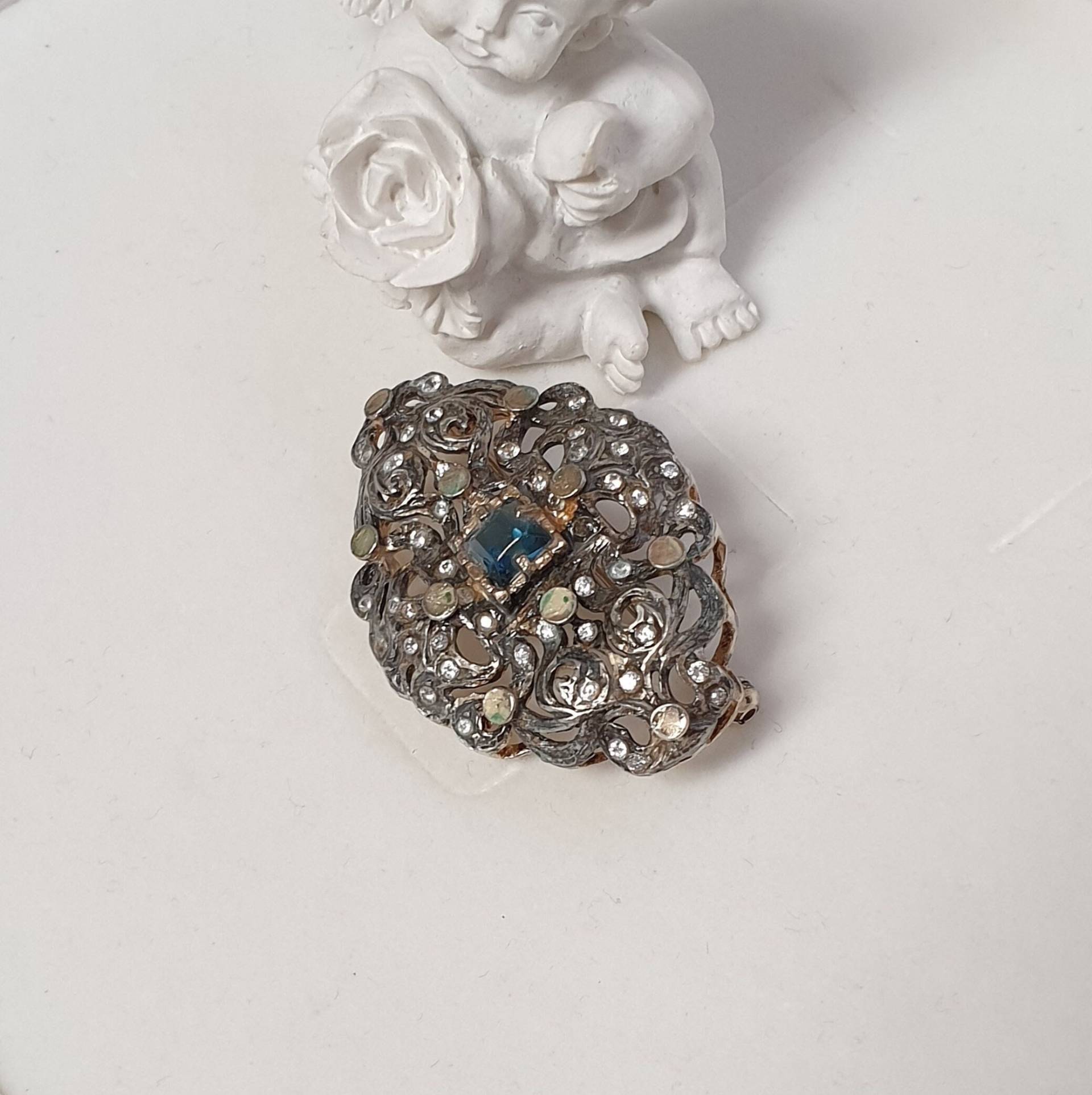 Brosche Anstecknadel Mit Patina Italien Silber 800 Emaille Kristalle Blau & Klar Shabby Vintage Nostalgie Sb296 von SchmuckAtelierRegina