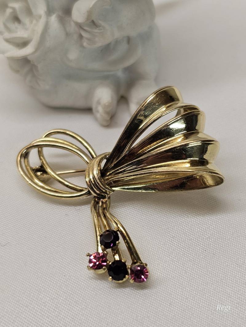 Brosche Anstecknadel Schleife Amerikaner Doublé Vergoldet Kristalle Lila & Rosa Shabby Vintage Mbr100 von SchmuckAtelierRegina