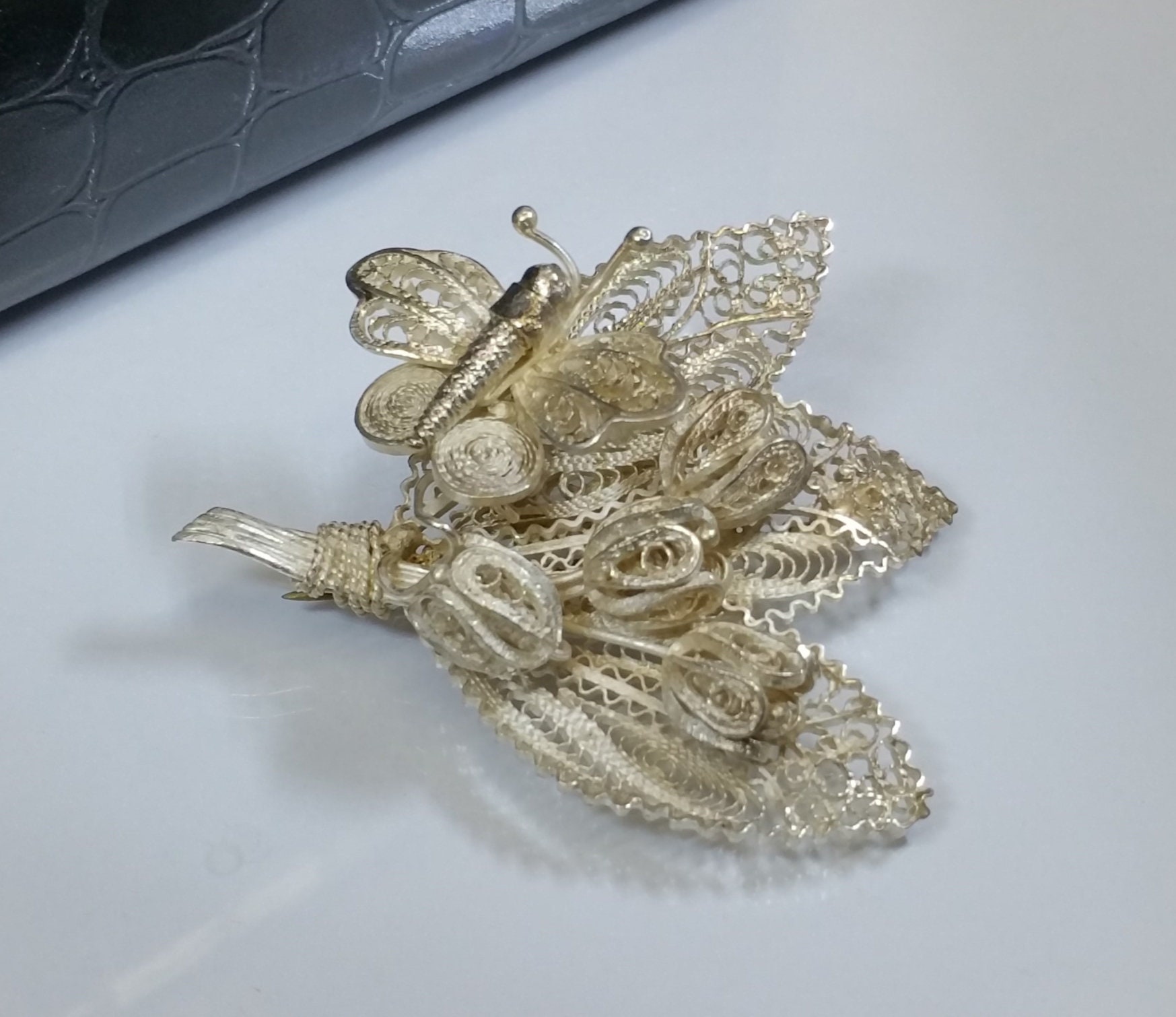 Brosche Anstecknadel Silber 835 Schmetterling Blume Bouquet Shabby Vintage Elegant Sb203 von SchmuckAtelierRegina