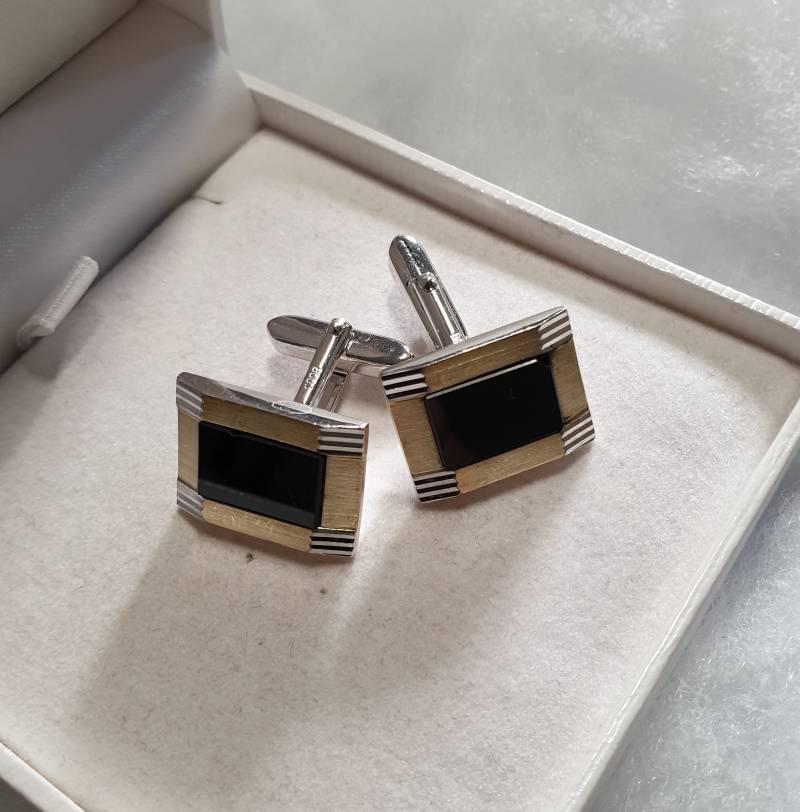 Designer Manschettenknöpfe Cufflinks Silber 800 Teilvergoldet Onyx Schwarz Vintage Elegant Ms332 von SchmuckAtelierRegina