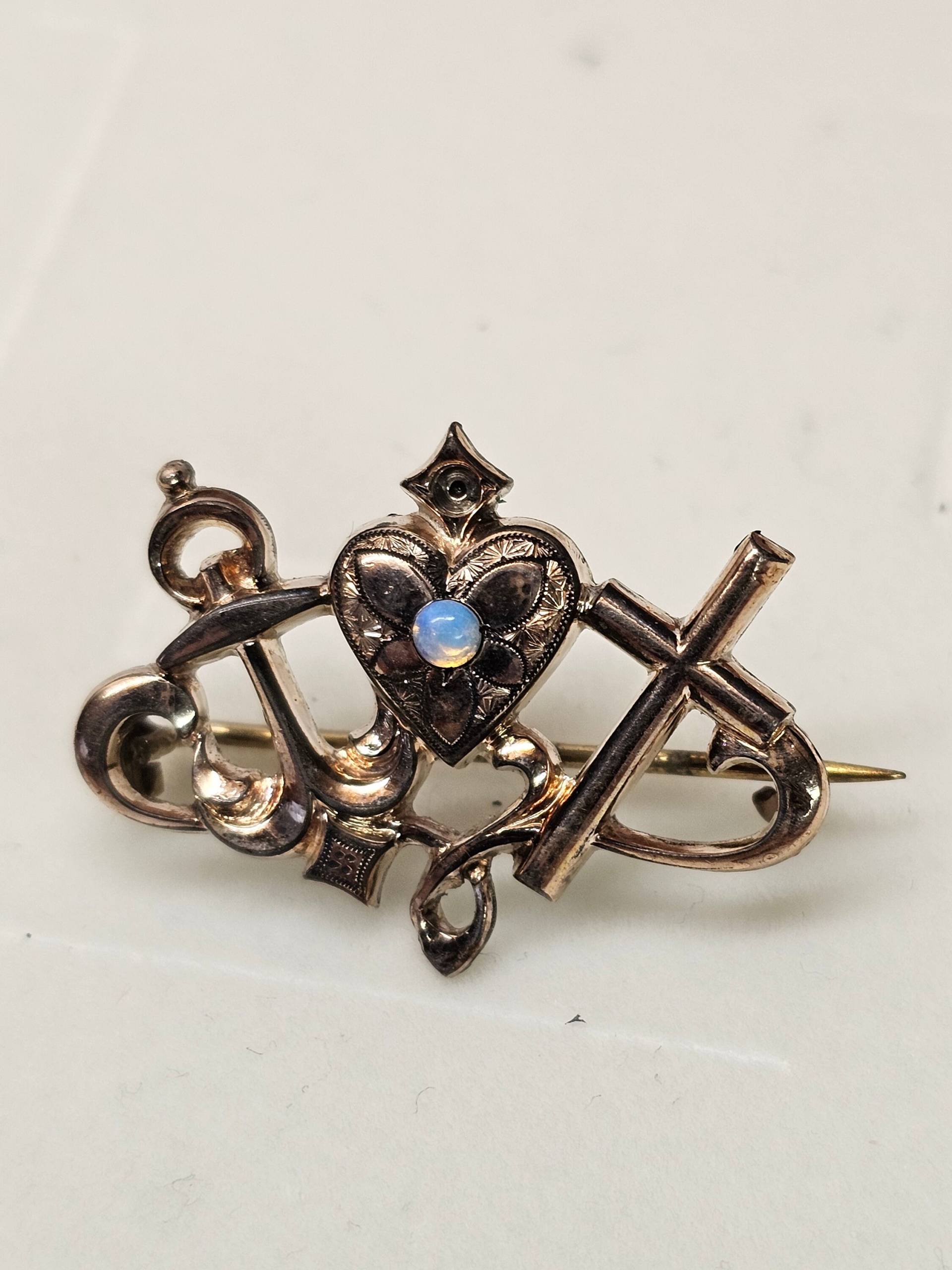 Jugendstil Antike Brosche Anstecknadel Seemannsgrab Kreuz Anker Herz Glaube Hoffnung Liebe Opal Blau Shabby Vintage Selten Rar Sb360 von SchmuckAtelierRegina