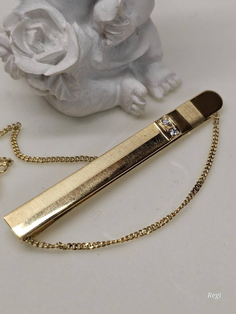 Krawattennadel Krawattenklammer Klemme 14 K Gold 585 Diamant Steinchen Knopflochkette Kette Kettchen Design Vintage Elegant Gb151 von SchmuckAtelierRegina