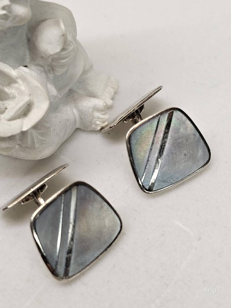 Manschettenknöpfe Cufflinks Shabby Vintage Silber 835 Perlmutt Grau Design Selten Rar Ms384 von SchmuckAtelierRegina