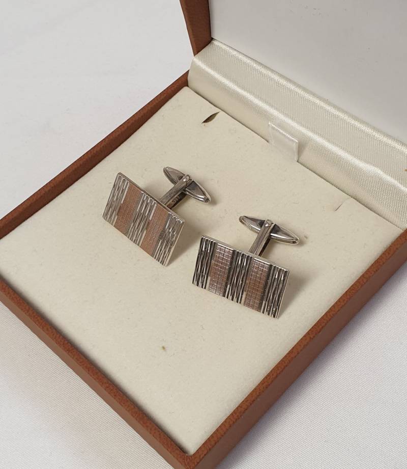 Manschettenknöpfe Cufflinks Silber 835 Rotgold Teilvergoldet Streifen Design Glänzend Vintage Eleganz Ms369 von SchmuckAtelierRegina