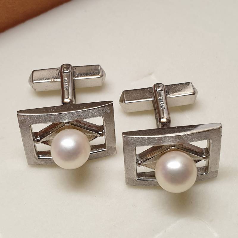 Manschettenknöpfe Cufflinks Silber Silver Perle Modernist Vintage Design Elegant Ms432 von SchmuckAtelierRegina