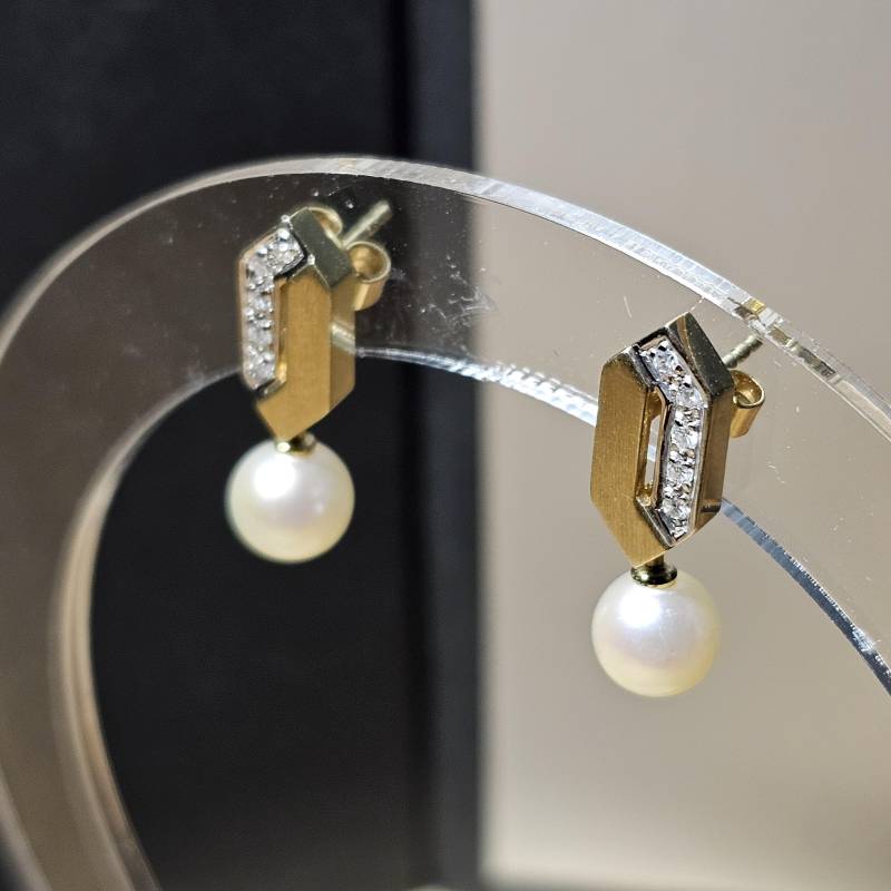 Ohrringe Goldohrringe Ohrstecker Gold 585 Teilplatiniert Perle & Je 5 Stck. Diamantsteinchen Design Vintage Eleganz Or208 von SchmuckAtelierRegina