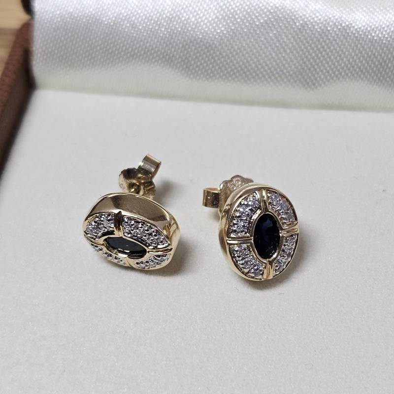 Ohrringe Ohrstecker Gold 585 Teilplatiniert Saphir & Kleinste Diamantsteinchen Design Vintage Elegant Or212 von SchmuckAtelierRegina