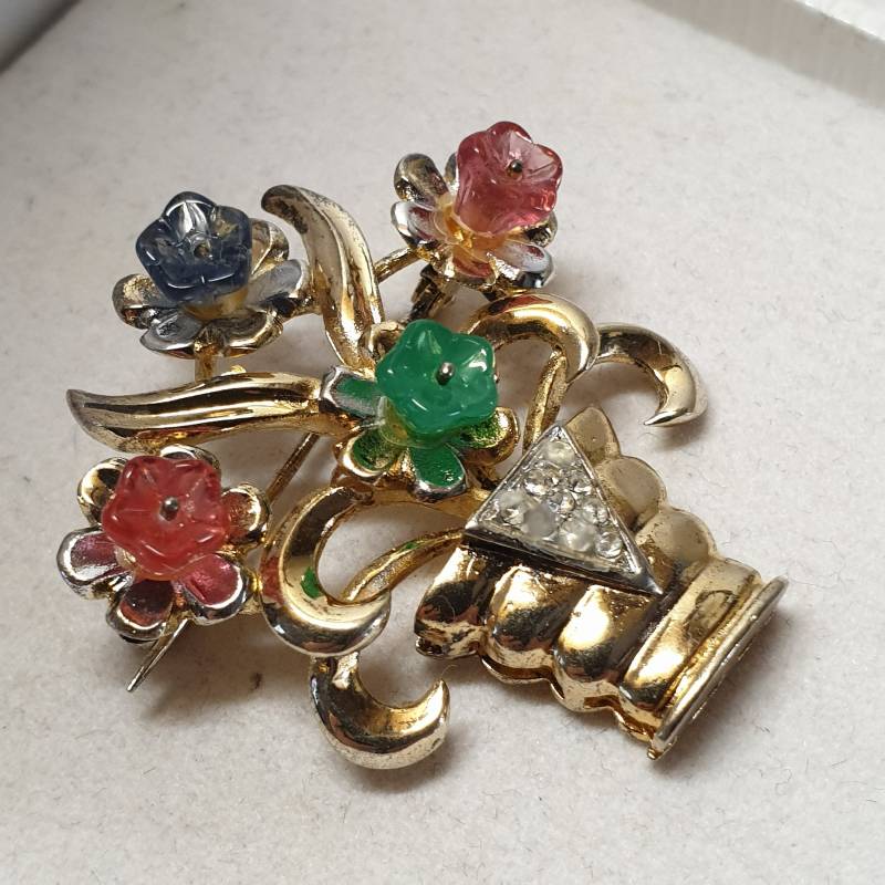 Shabby Vintage Nostalgie Brosche Anstecknadel Italien Blumen Blumentopf Silber 925 Vergoldet Farbsteine & Kristalle Klar Selten Rar Sb516 von SchmuckAtelierRegina