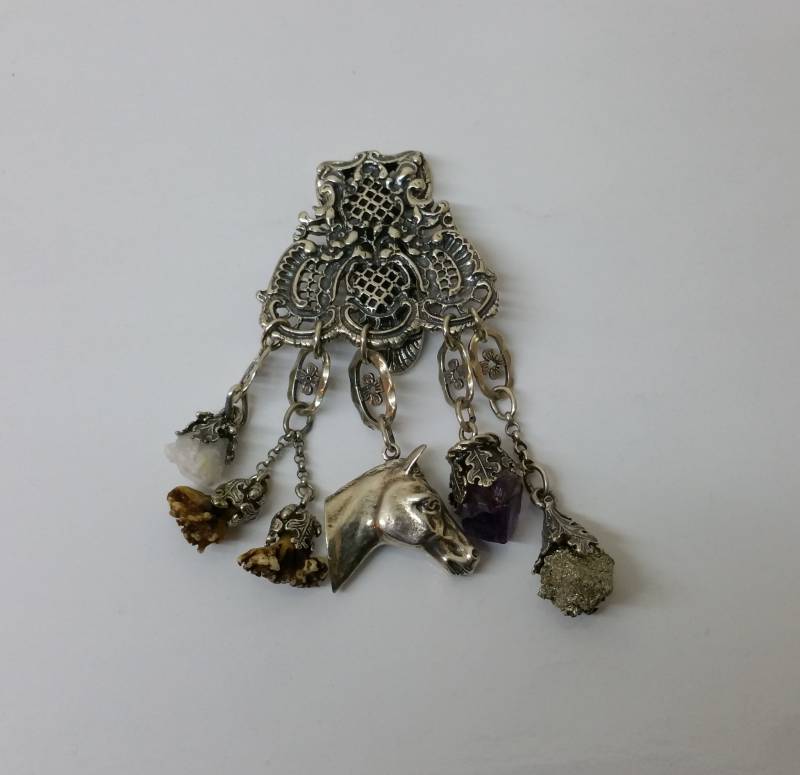 Tracht Rockstecker Anstecker Silber 800 Charivari Anhänger 5 Stck. Bergkristall Amethyst Pyrit Horn Pferdekopf Sb288 von SchmuckAtelierRegina