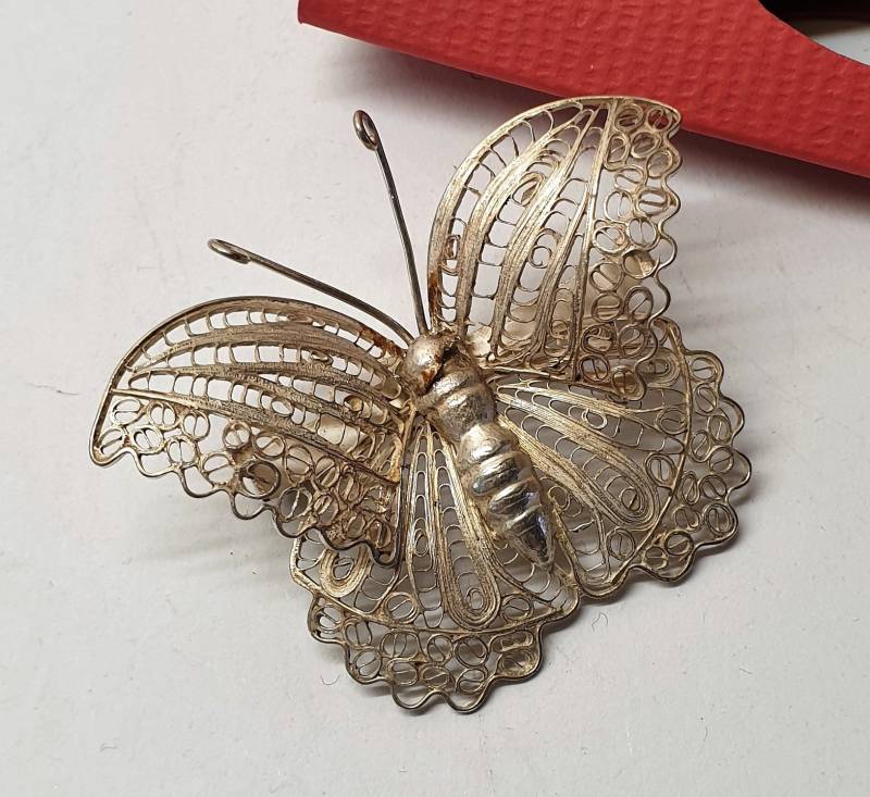 Vintage Anstecknadel Brosche Silberbrosche Schmetterling Groß Silber 925 Filigran Sb438 von SchmuckAtelierRegina