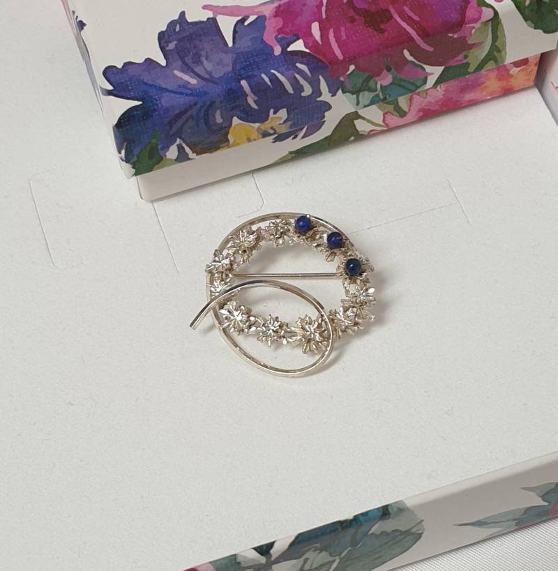 Vintage Brosche Anstecknadel Mit Lapislazuli Kugeln Silber 835 K & L Design Elegant Selten Rar Sb389 von SchmuckAtelierRegina