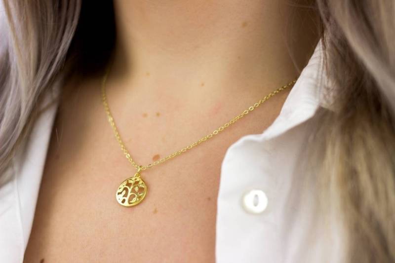 Goldener Baum Des Lebens Als Halskette, Gliederkette Mit Anhänger, 925Er Sterlingsilber, Echtsilber Vergoldet, Gelbgold, Handarbeit, Unikat von SchmuckFeeGennev