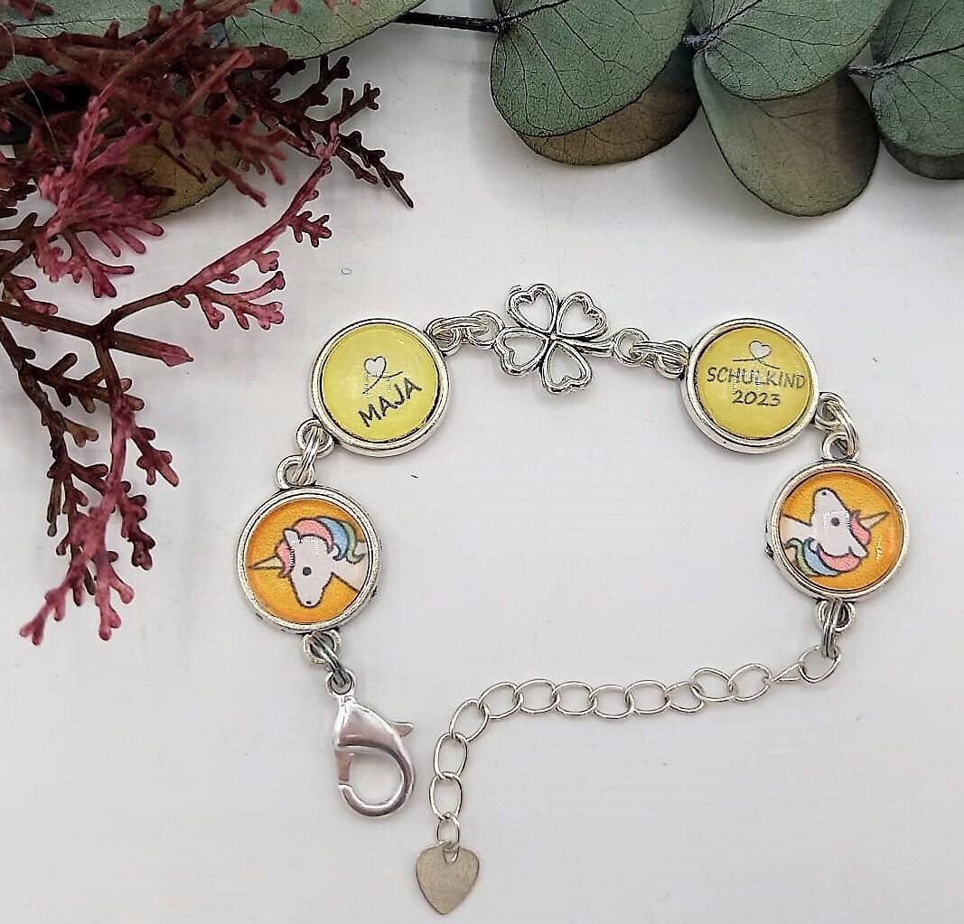 Neu Zartes Armband Für Mädchen Zur Einschulung Personalisiert Einhorn Name von SchmuckKitchen