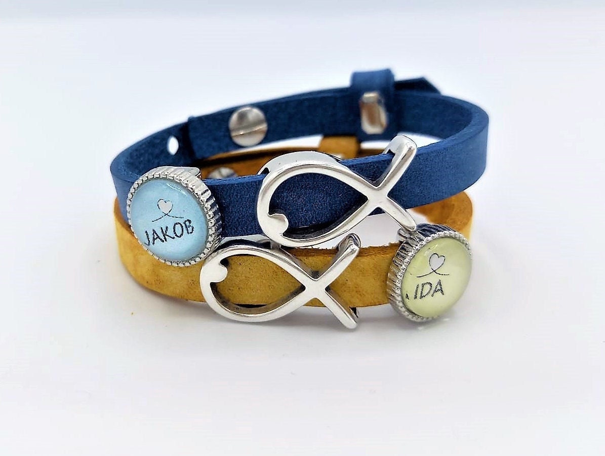 Personalisiertes Lederarmband Firmung | Kommunion Fisch Name Konfirmation Taufe Erstkommunion Geburtstag von SchmuckKitchen