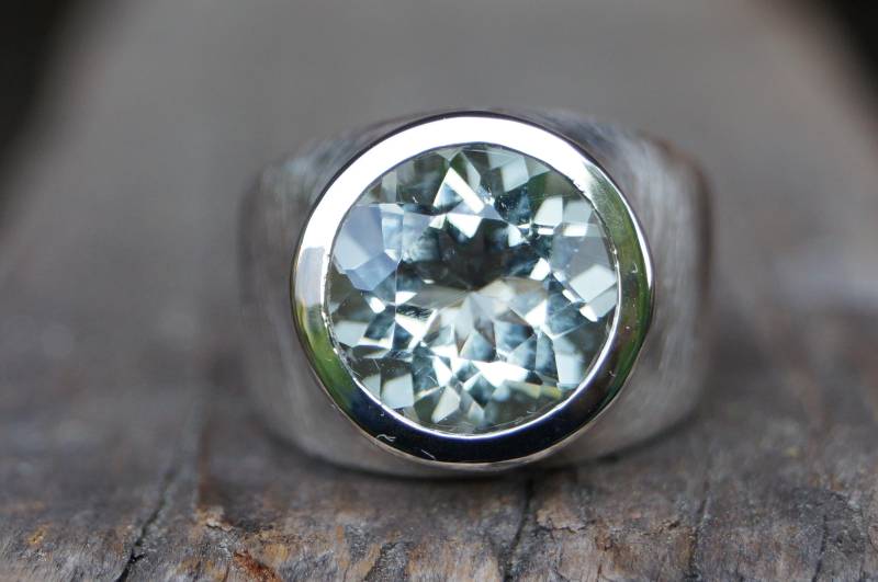 Prasiolith Ring Silber 925/ - Gestempelt Mintquarz 12mm Facettiert Ringweite 55 Glänzend Poliert Und Mattiert von SchmuckManufakturDE