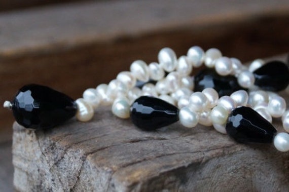 Y-Collier Tropfen Perlen Mit Obsidian von SchmuckManufakturDE