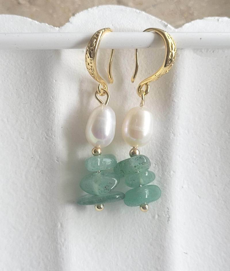 18K Aventurin& Süßwasserperle Ohrhänger, Handgemachte Ohrringe Vergoldet von SchmuckPerla