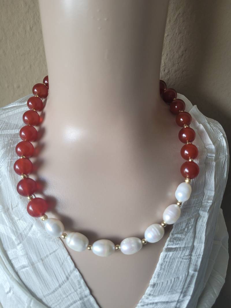 Karneol Edelsteinkette, Halskette Mit Echte Perlen, Süßwasserperlen Halskette, Steinkette, Natursteinkette, Geschenk Für Sie von SchmuckPerla