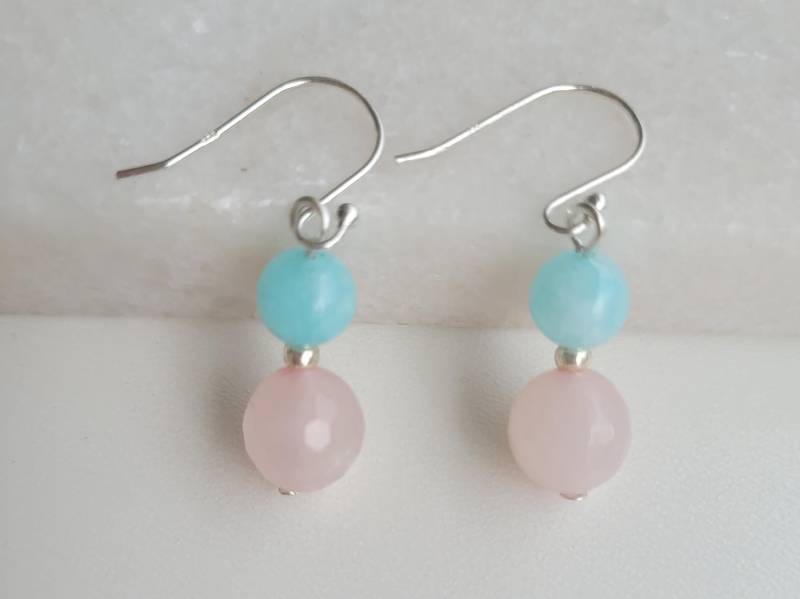 Rosenquarz Ohrringe 925 Sterling Silber Ohrhänger Kugelform Ø-10 Mm von SchmuckPerla